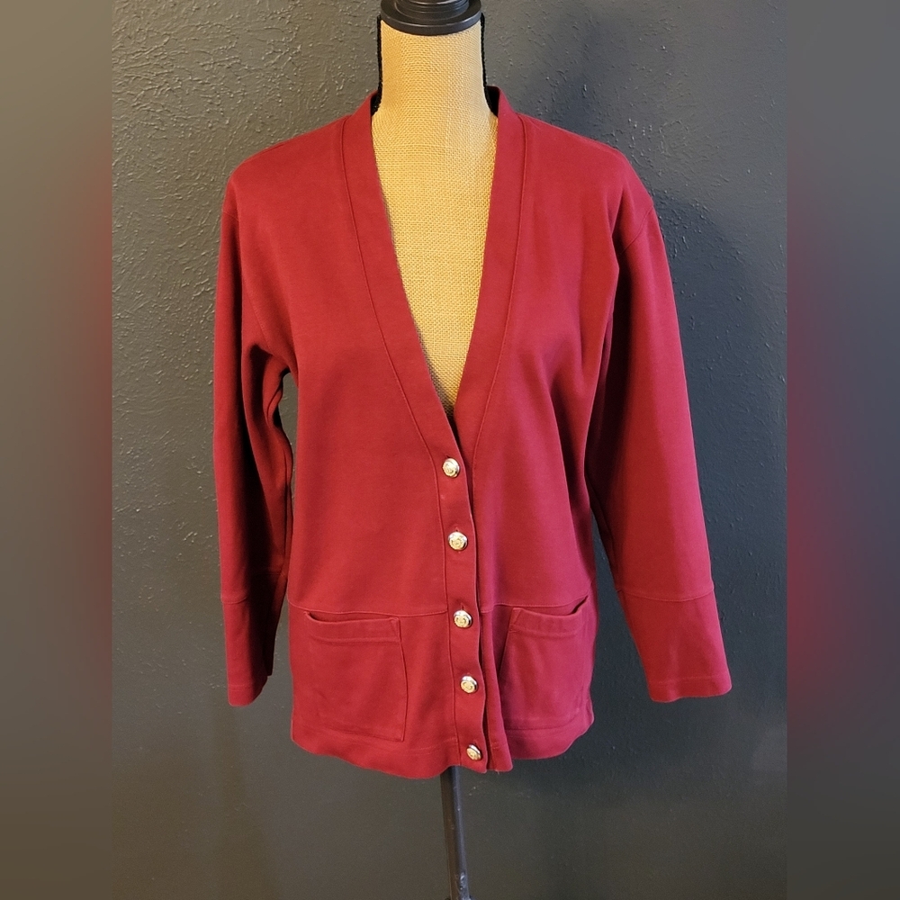 Talbots Medium Red Knit Cardigan Gold Buttons